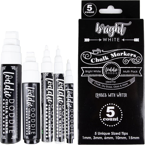 Loddie Doddie White Chalk Markers for Signs, Blackboard, Car Window, Glass - 5 Unique Tips - Ultra Fine, Fine, Medium, Broad & Jumbo Tips - Erasab...