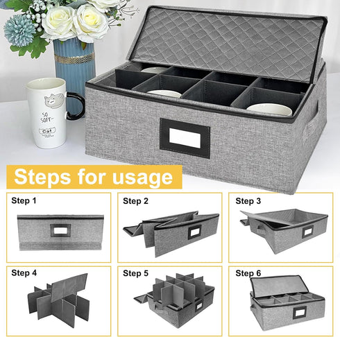 Coffee Mug Storage Box with Dividers, Durable China Storage Containers for Coffee Mugs, Tea Cups Storage Organizer with Lid, Handles, Label Window...