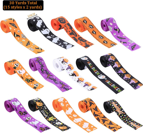Halloween Ribbon, 30 Yards 1" Halloween Grosgrain Ribbons Pumpkin Lantern Ghost Spider Printed Gift Wrapping Ribbon Hair Bow Wreath Making for Hal...