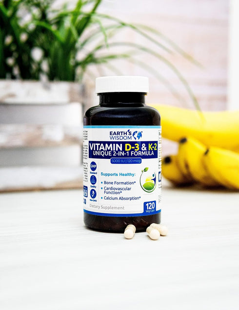 Earth's Wisdom Vitamin D3 5000 IU with K2 (MK7) Formula. Muscle, Bone, Heart & Immune Support. Superior Absorption. 120 Capsules. Free from Gluten...