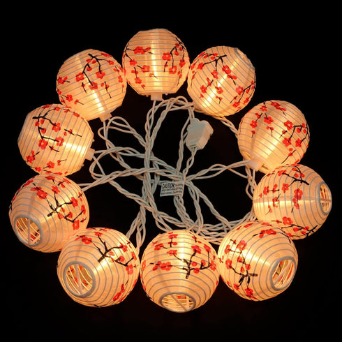 YULETIME Plum Blossom Lantern String Lights, 10 Count Nylon Lantern on 7.6' White Wire, UL Listed 8" Spacing End-to-end Connectable Plug-in String...