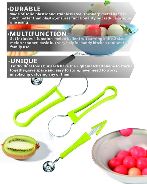 DIANCHU 2 Pieces Melon Baller Scoop Set, 4 In 1 Stainless Steel Fruit Scooper Fruit Tool Set Melon Baller Carving Knife Fruit Scooper Seed Remover...