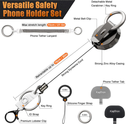 Kaptron Theft and Drop Protection Phone Tether - 30” Safety Retractable Phone Clip, Anti-Drop Travel Clip, Universal Retractable Phone Lanyard wit...