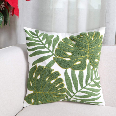 Embroidery Throw Pillow Covers 18x18 Home Decor Loop Tropical Green Leave Floor Pillow Cover for Couch 100% Cotton Canvas Cushion Cover Pillow Cas...