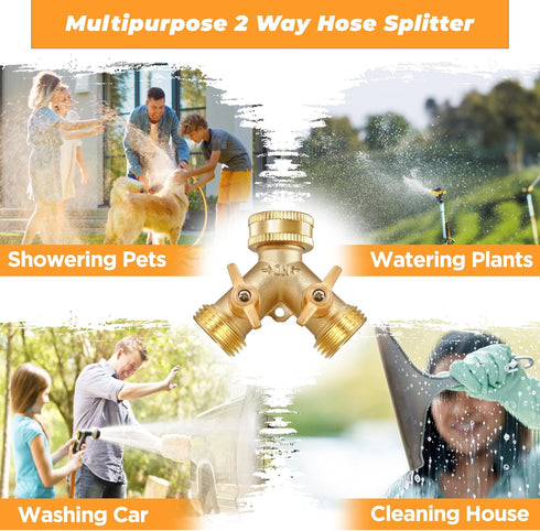 IPOW Garden Hose Splitter 2 Way Heavy Duty with Upgraded Handles, Solid Brass Water Faucet Y Splitter Hose Bib Splitter Connector Adapter with Com...