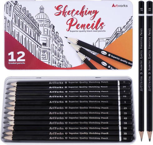 12 PCS Drawing Pencils – Professional Graphite Sketch Pencils (8B-2H) in a Robust Metal Case – Ideal for Drawing, Sketching, Shading for Artists &...