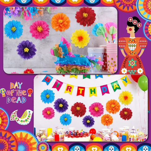 36 Pcs Mexican Paper Flowers Colorful Fiesta Tissue Paper Flowers Pom Poms Mexican Carnival Paper Flowers for Floral Party Backdrop Wedding Birthd...