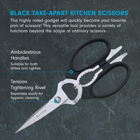 Messermeister 8-Inch Take-Apart Kitchen Scissors, Black - Includes Screwdriver, Nut Cracker, Jar Lid Opener/Gripper, Bottle Opener & Bone + Twig C...