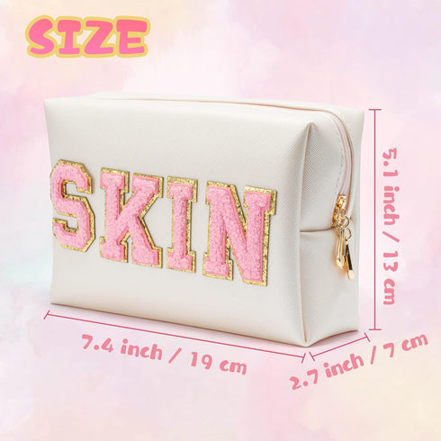 Y1tvei Preppy Patch SKIN Varsity Letter Cosmetic Toiletry Bag PU Leather Portable Makeup Bag Zipper Pouch Storage Purse Waterproof Organizer Gift ...