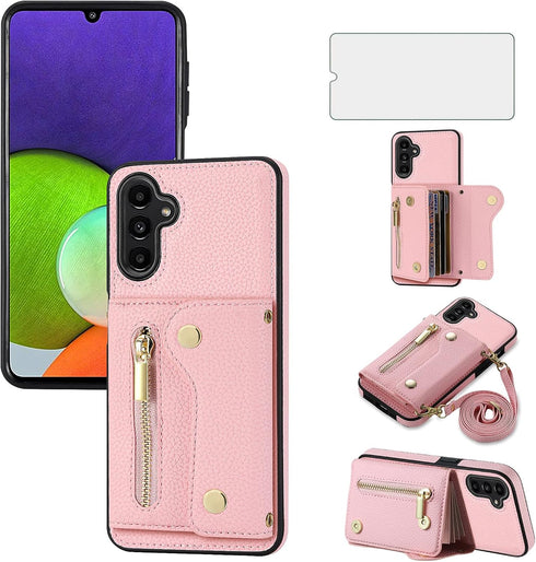 Asuwish Phone Case for Samsung Galaxy A25 5G Zipper Wallet Cover with Tempered Glass Screen Protector and Card Holder Slot Shoulder Crossbody Stra...