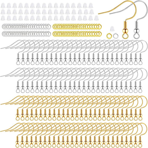 Hypoallergenic Earring Hooks, 600 Pcs Earring Making Kit, Fish Earring Hooks + Metal Jump Rings + Clear Silicone Earring Backs Stoppers for Jewelr...