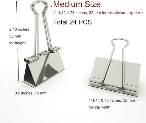 Nctinystore Binder Clips Medium Metal Clamp - 1-1/4 in (1.25 inch) (Silver, 24-Count)...