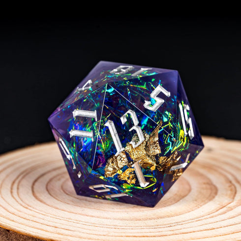 Cusdie Single D20 DND Dice with Sharp Edges and Glitter Foil Inclusions, 20 Sided D&D Dice, 33mm Handcrafted Polyhedral Dice, for Role Playing Gam...