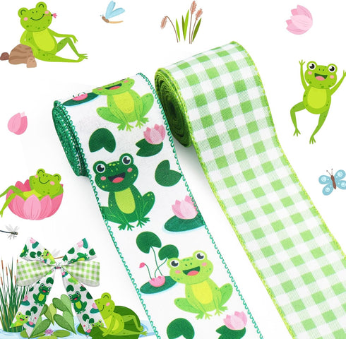 2 Rolls Spring Frog Ribbons Linen Green Plaid Frog Summer Decor Ribbons Cartoon Frog Wired Ribbons for Baby Shower Birthday Party Gift Wrapping Ho...