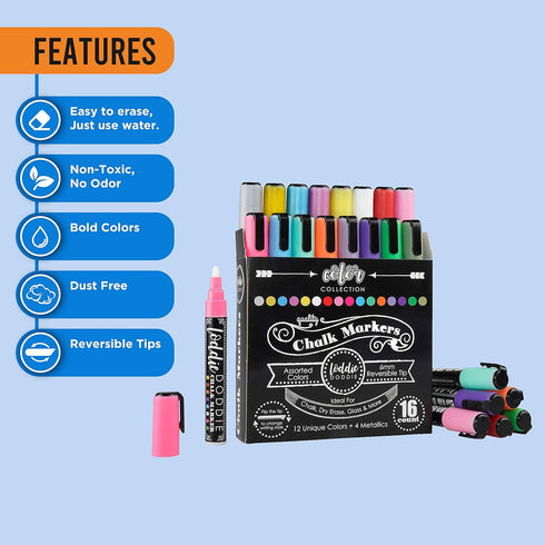 Loddie Doddie Liquid Chalk Markers | Dust Free Chalk Pens - Perfect for Chalkboards, Blackboards, Windows and Glass | 6mm Reversible Bullet & Chis...