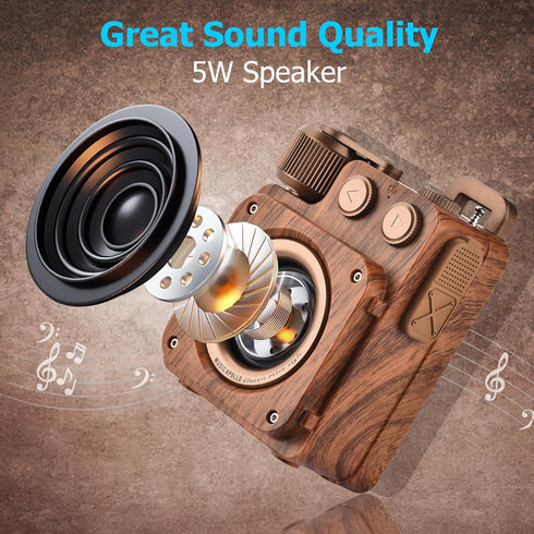 Retro Bluetooth Speaker with FM Radio, Wireless, Stereo Sound, Bluetooth 5.1, USB-C, Bass, AUX&TF-Card Input, Portable Bluetooth Speaker for Home,...