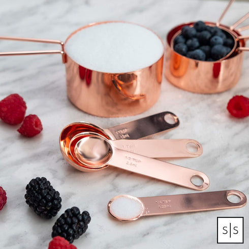 Copper Measuring Cups and Spoons Set – 8-Piece Stackable Stainless Steel Metal Measuring Utensils – Stylish and Sturdy Rose Gold Kitchen Accessori...