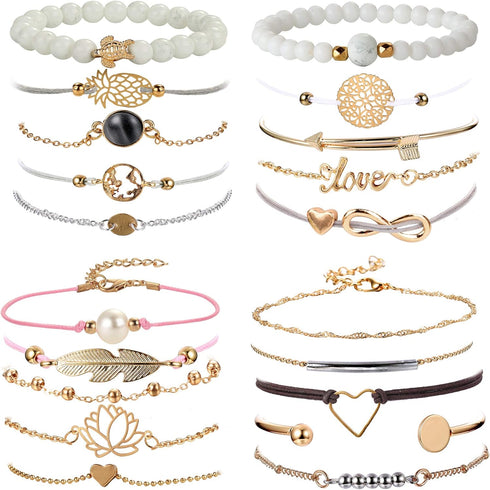 YADOCA 20 Pcs Layered Bracelet Set for Women Multiple Stackable Wrap Bangle Turtle Pineapple Arrow Feather Lotus Assorted Beaded Bracelets Adjusta...