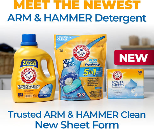 Arm & Hammer Power Sheets Laundry Detergent, Fresh Linen 50ct, up to 100 Small Loads (Packaging may vary)...