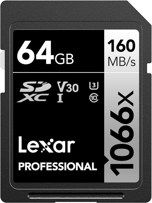 Lexar 64GB Professional 1066x SDXC Memory Card, UHS-I, C10, U3, V30, Full-HD & 4K Video, Up To 160MB/s Read, for DSLR and Mirrorless Cameras (LSD1...