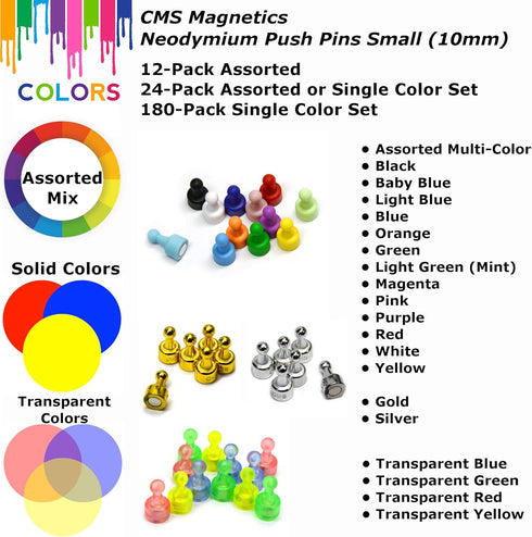 CMS Magnetics - (12-Pack Small NeoPin Multi-Color) Strong Neodymium Magnetic Push Pin for Dry Erase Whiteboards, Bulletins, Calendars, Refrigerato...