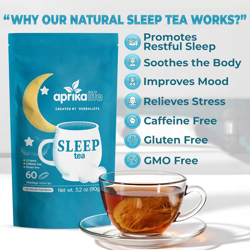 Aprika Life Sleep Tea for Bedtime Relaxation & Stress Relief – Natural Caffeine-Free Herbal Nighttime Tea with Chamomile, Lavender, Mint & Hibiscu...