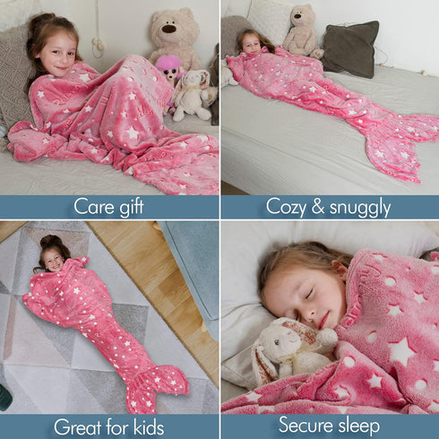 Mermaid Tail Blanket for Girls, Glow in The Dark Mermaid Sleeping Bag, Snuggle Girls Throw, Plush Cozy Soft Fleece Blanket for age 2-12, Valentine...