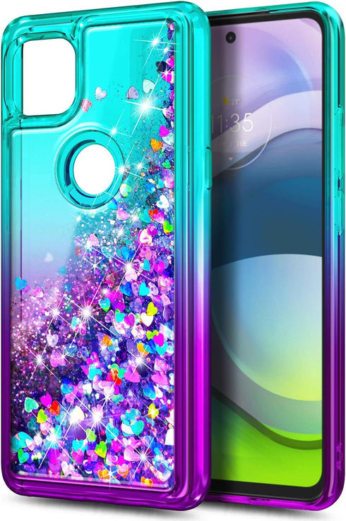 NZND Case for Motorola One 5G Ace (One 5G UW Ace) with Tempered Glass Screen Protector (Maximum Coverage), Sparkle Glitter Flowing Liquid Women Gi...