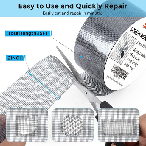 Grey Window Screen Repair Tape, 2 in X 15 FT (180IN) Screen Repair Kit for Windows or Doors Screen Repair, Strong Adhesive Screen Patch Repair Kit...