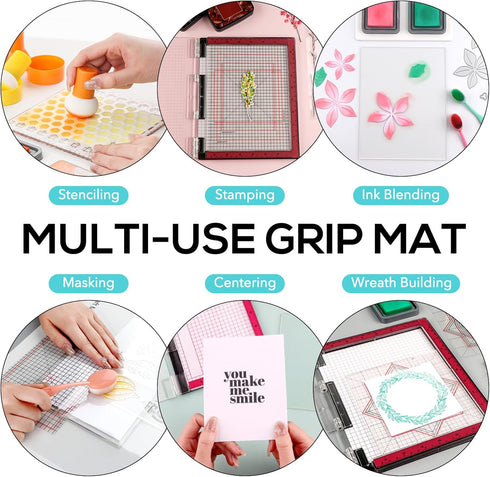 10Pcs/Set 6x6inch Multi-Use Non-Slip Sticky Mats Fit in Stamp Positioning Tool Set,Photopolymer Grip Mat with Printed Guides in Placeholding Stenc...