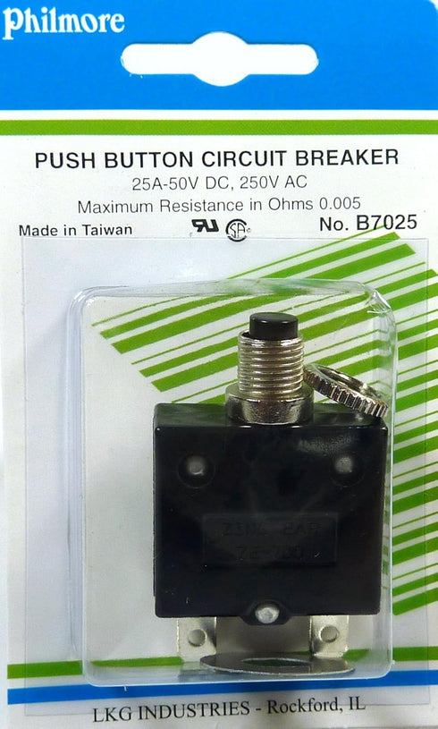 Philmore 25 Amp Push Button Manual Reset Thermal Circuit Breaker 50V DC, 250V AC...