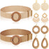 6 Packs Women Belt Straw Woven Elastic Wide Stretch Waist Belt Rattan Earrings Set, Tassel Hoop Drop Dangle Bohemian Fashion Earrings and Dress Br...