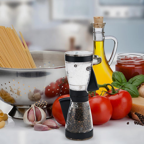 KAMENSTEIN One-Handed 2-in-a-1 Dual Salt and Pepper Grinder-Adjustable and Refillable, 8-Inch, Black...