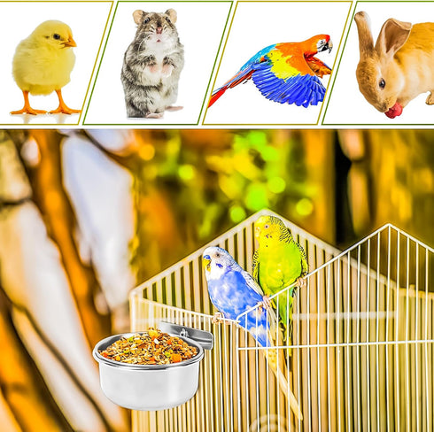 MotBach 2 Pack Stainless Steel Bird Feeding Dish Cups, Bird Feeder Parrot Food Water Bowls with Clamp, Pet Cage Cups Holder for Bird Parrot Cockat...