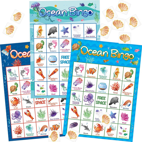 Ocean Bingo Game 24 Players for Kids Under Sea Party Game Supplies...