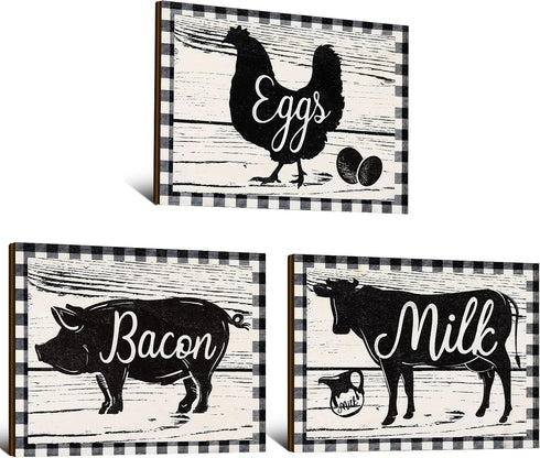 Jetec 3 Pieces Farmhouse Kitchen Decor Wooden Pig Cow chicken Signs Rustic buffalo plaid wall art farm animal Plaque for Kitchen Home Wall Decorat...