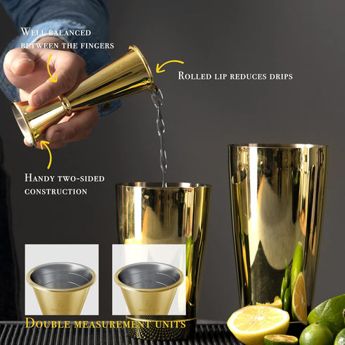 Homestia 10" Stainless Steel Muddler for Cocktails Drink Muddler, 12" Cocktail Spoon, 1 oz 2 oz Double Jigger, Basic 3 PCS Gold Cocktail Set Mixin...