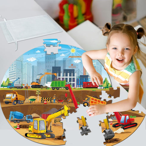 Construction Jumbo Floor Puzzle for Kids 71Pcs Construction Vehicle Large Floor Round Puzzles for Toddler Ages 3-8 Construction Truck Cars Theme D...