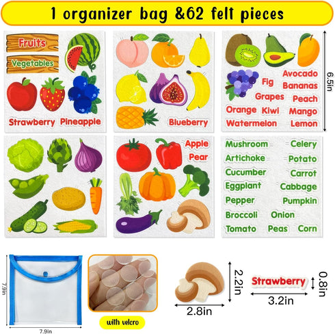 Felt Fruits and Vegetables Learning Pieces,62 Felt Board Pieces for Felt Flannel Board,Learn Common Fruits and Vegetables and Words for Kindergart...