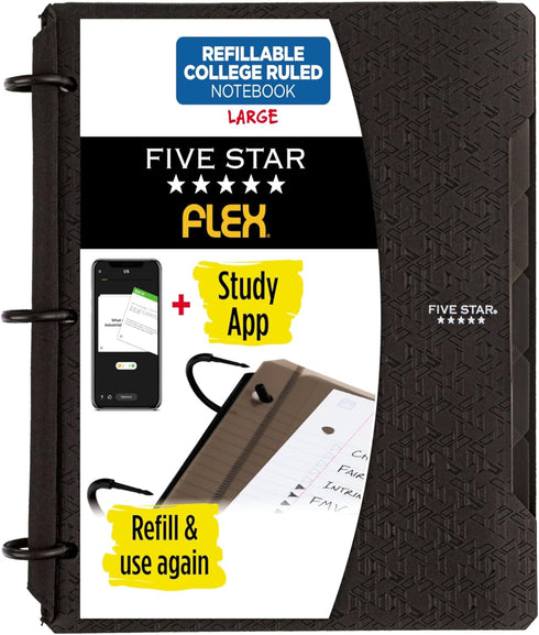 Five Star Flex Refillable Notebook + Study App, College Ruled Paper, 1 Inch TechLock Rings, Pockets, Tabs and Dividers, 200 Sheet Capacity, Black ...