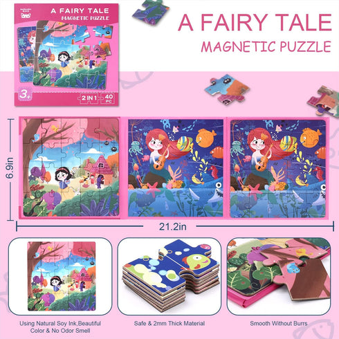 Magnetic Puzzles for Kids Ages 3 4 5, Mermaid Animal Wooden Jigsaw Puzzles Book for Toddlers, Travel Games, Fairy Tale Preschool Educational Learn...
