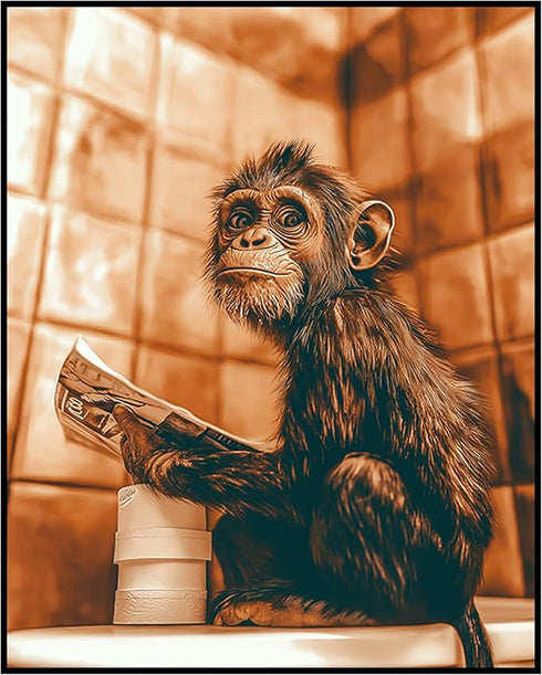 Posterizer 1 pcs-cute funny chimp reading newspaper on toilet-3-Bathroom Restroom Art-Art for Animal Lovers-Gift for Daughter, Son, Kids- unframed...