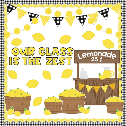 Whaline 92Pcs Lemonade Stand Bulletin Board Decoration Kit Summer Plaid Bulletin Board Set Yellow Lemon Cutouts with Glue Points for Classroom Sch...