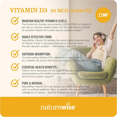 NatureWise Vitamin D3 2000iu (50 mcg) Healthy Muscle Function, and Immune Support, Non-GMO, Gluten Free in Cold-Pressed Olive Oil, ( Mini Softgel)...