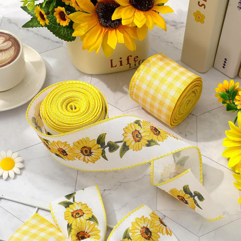 Sunflower Wired Edge Ribbon Yellow Buffalo Plaid Floral Ribbon Flower Checkered Fabric Ribbon for Wreath Bow Making DIY Craft Wrapping, 2 Rolls, 2...