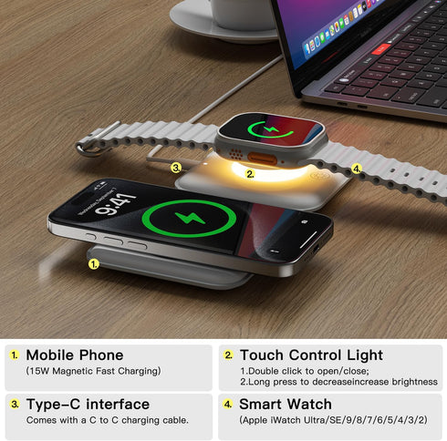 ESSAGER 2 in 1 Foldable Wireless Charger for iPhone 15/14/13/12/11 Series, Magnetic Wireless Charging Station, Travel Wireless Fast Charging Pad f...