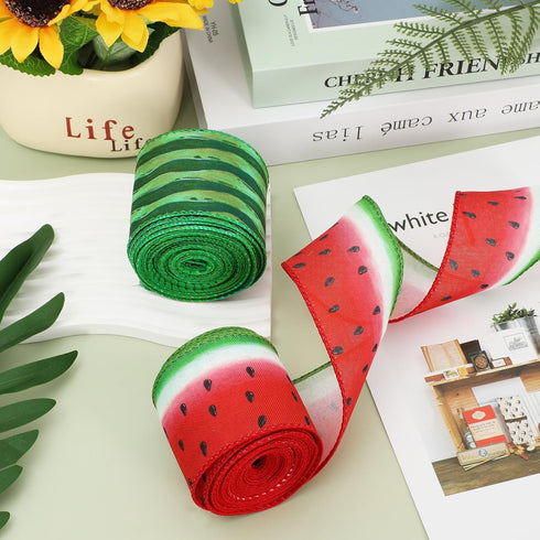 AnyDesign Summer Wired Edge Ribbon Watermelon Print Craft Ribbon Red Green Fruit Fabric Ribbon for Wreath Bow Making DIY Crafts Wrapping Party Dec...