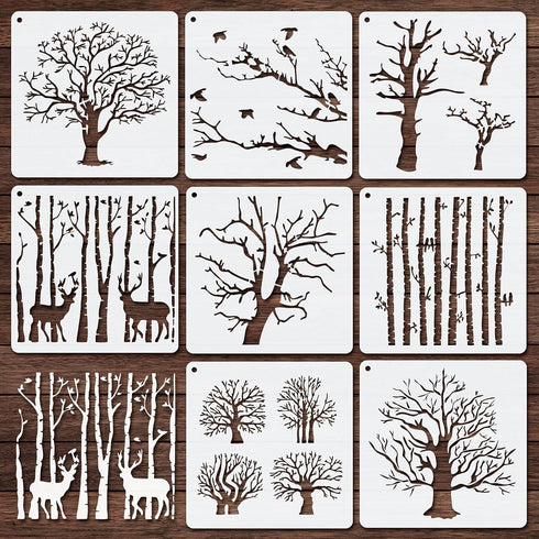 8 Pieces Reusable Tree Stencils Aspen Trees Stencils Reversed Branches Stencils Painting Tree Template Plastic Drawing Stencils for Canvas Wood Wa...