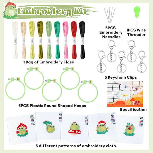 WATINC 9Pcs Mushroom Frog Embroidery Kit - DIY Keychain with Mushroom Frog Needlepoint Starter Kits for kids, Stamped Cross Stitch Craft Supplies ...