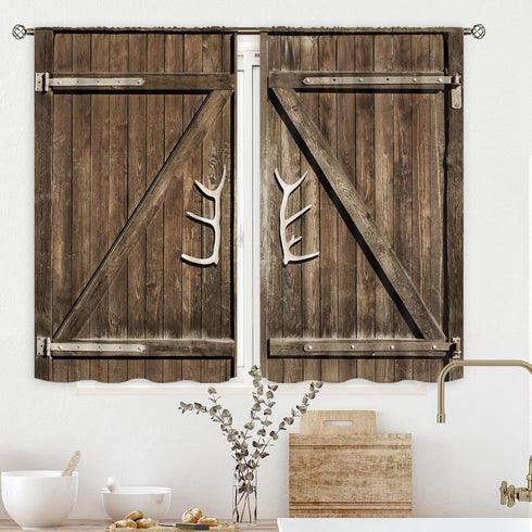Cinbloo Farmhouse Kitchen Curtains Rod Pocket 27.5W x 39L Inch Brown Barn Door Wooden Rustic Garage Gate Vintage Country Antler Handles Modern Art...